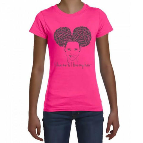 I LOVE ME & I LOVE MY HAIR GIRLS T-SHIRT HOT Pink