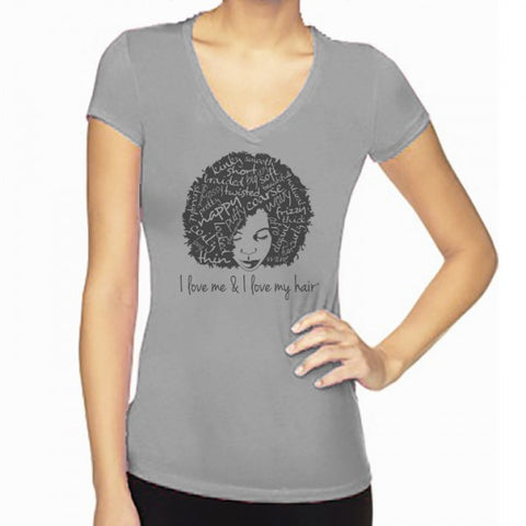I LOVE ME & I LOVE MY HAIR FITTED V-NECK LADIES T-SHIRT Heather Grey