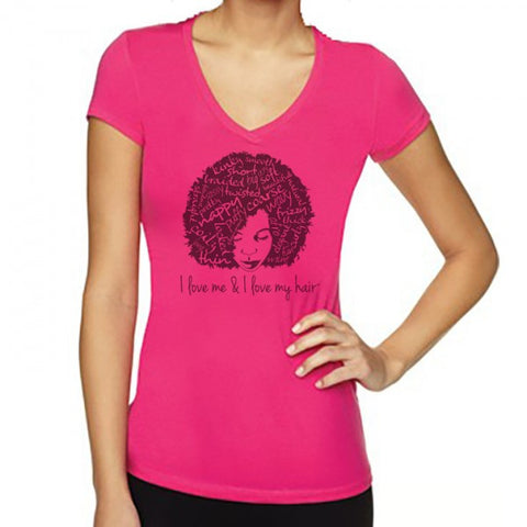 I LOVE ME & I LOVE MY HAIR V-NECK FITTED LADIES T-SHIRT Ladies HOT Pink
