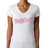 PuffCuff Logo Rhinestud Fitted Ladies T-Shirt White